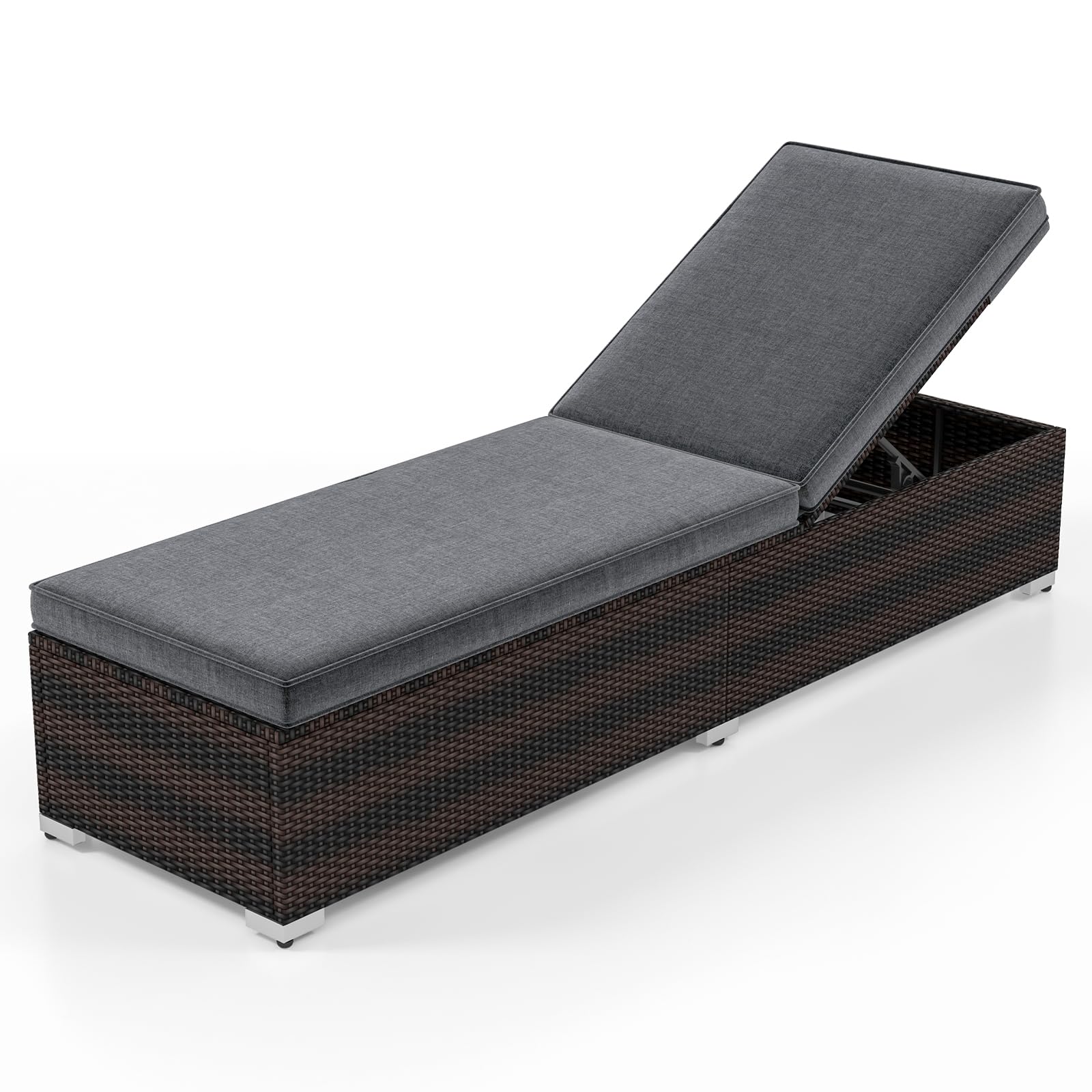 Tangkula Chaise longue d'extérieur, chaise longue de patio en osier avec dossier à 4 niveaux, cadre en métal robuste